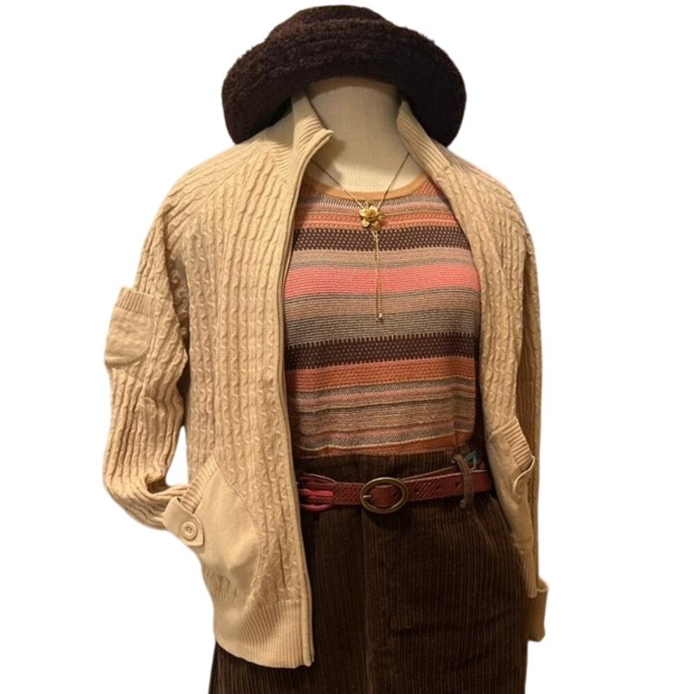 100% Cotton Cable Knit Zip Cardigan Sweater Size M Tan Preppy Academia Classic